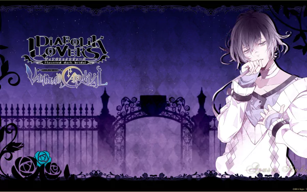 HD desktop wallpaper featuring an anime character from Diabolik Lovers. The background displays a gothic arch and dark roses, with a purple color scheme.