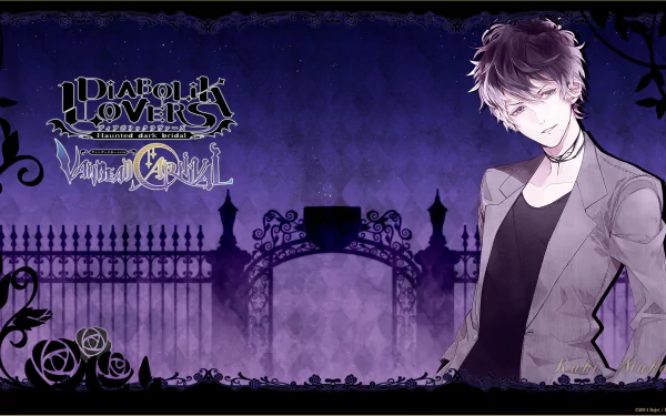 HD desktop wallpaper featuring a character from the anime Diabolik Lovers, set against a dark, gothic background with intricate black iron gates and roses.