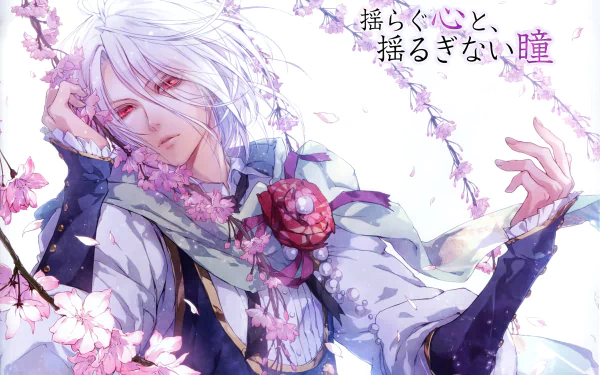 Anime-style portrait of a pale white-haired figure draped in floral attire amid cascading pink blossoms, titled Reine des Fleurs — 5K Ultra HD PC desktop wallpaper and background.