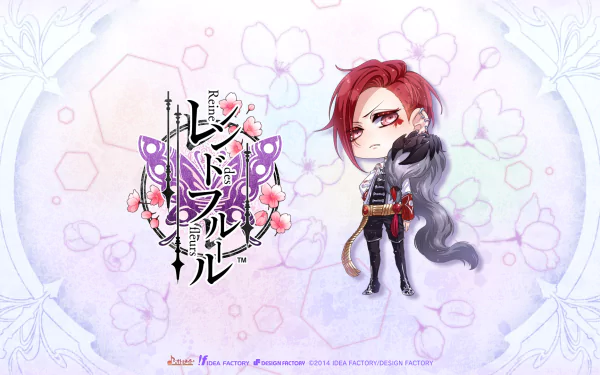 Anime HD PC desktop wallpaper/background: chibi red-haired Reine des Fleurs character beside a black wolf and floral logo on a soft pastel flower-patterned backdrop.