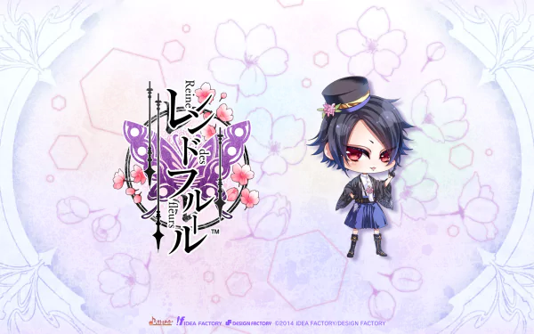 Anime HD PC desktop wallpaper and background: chibi Reine des Fleurs character — dark-haired girl with red eyes and school outfit beside ornate floral logo on a pastel purple backdrop.