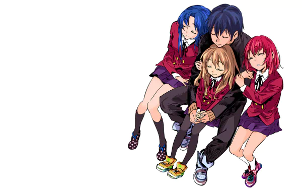 Four main characters from the anime *Toradora!*, including Minori Kushieda, Taiga Aisaka, Ryuuji Takasu, and Ami Kawashima, sit together in a vibrant, colorful scene on a HD wallpaper.