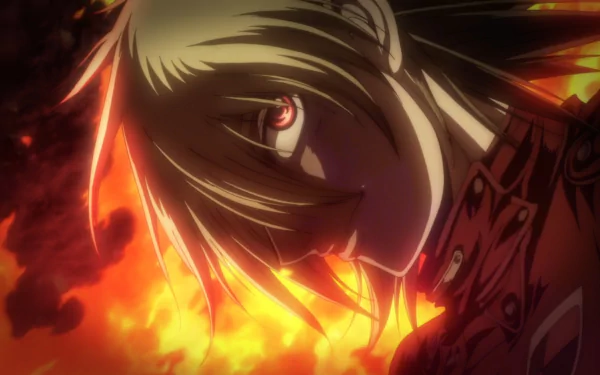 HD anime wallpaper featuring Seras Victoria from Hellsing with intense red eyes against a fiery, dark background.