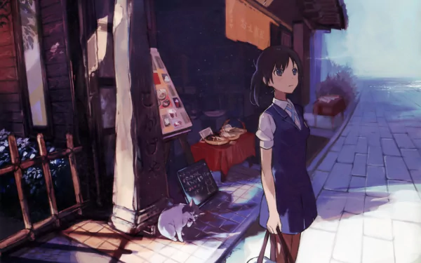 Anime-style HD PC desktop wallpaper from Tari Tari featuring a girl in school uniform standing near a street stall with a cat resting beside her in soft, natural lighting.