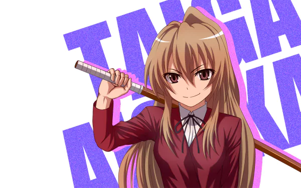 HD PC desktop wallpaper of Taiga Aisaka from the anime Toradora!, featuring her holding a wooden sword with a confident expression against a bold purple background.
