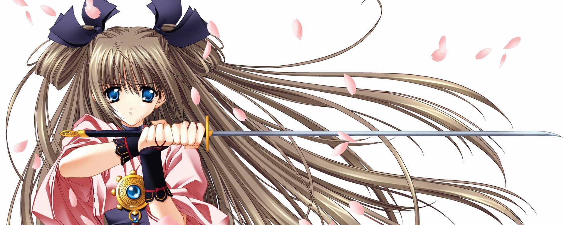 Anime-style original character holding a katana with long flowing hair and blue eyes, surrounded by falling cherry blossom petals, designed as an HD PC desktop wallpaper.