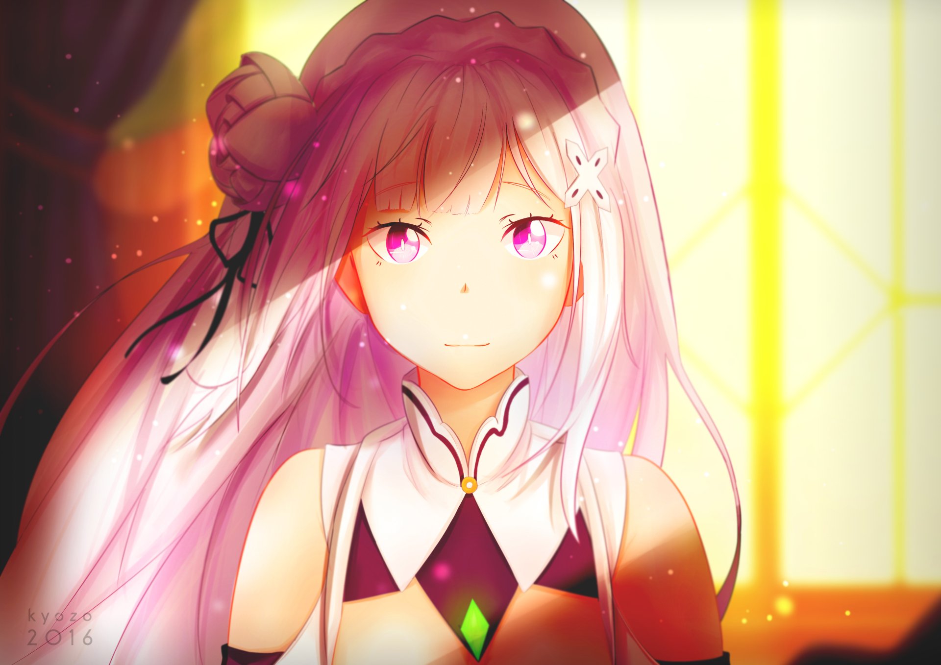 Emilia from Re:Zero – Starting Life in Another World, depicted in vibrant anime style as a 4K Ultra HD PC desktop wallpaper with warm lighting and soft pink hues.