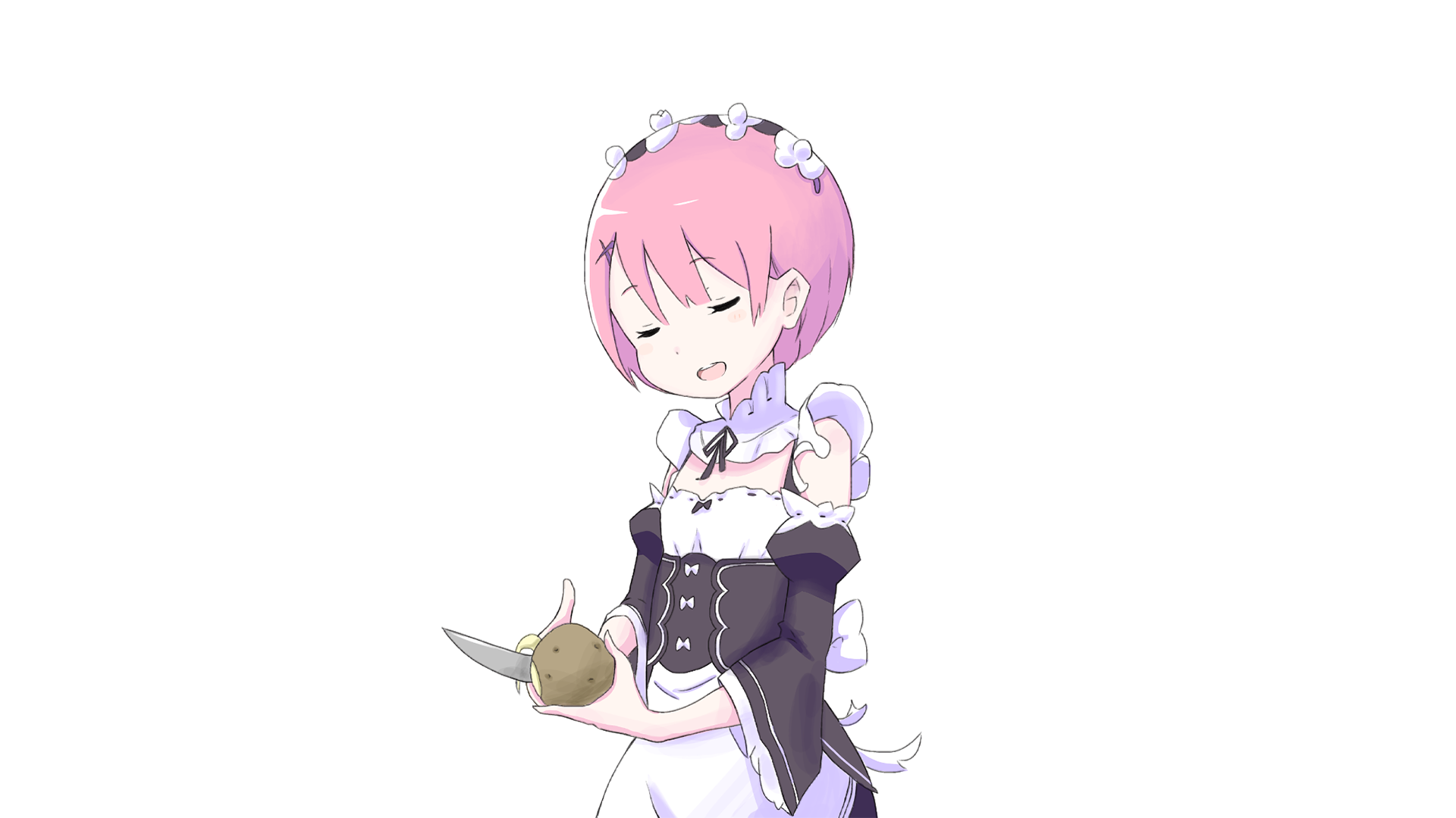 A colorful HD wallpaper featuring Ram from Re:ZERO - Starting Life in Another World, showcasing her in a maid outfit, holding a knife with a thoughtful expression.