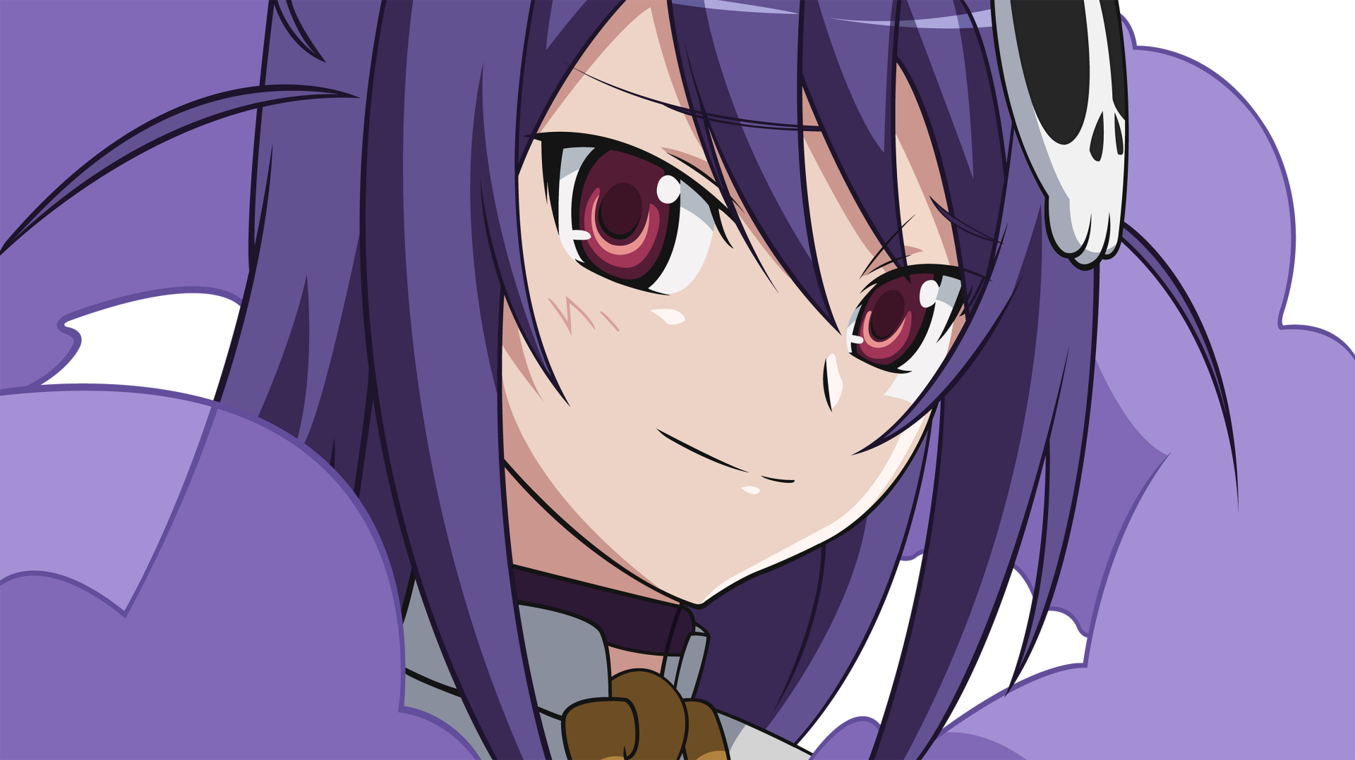 Close-up anime portrait from The World God Only Knows: purple-haired girl with skull hair ornament, red eyes and a confident smile — 2K Quad HD PC desktop wallpaper