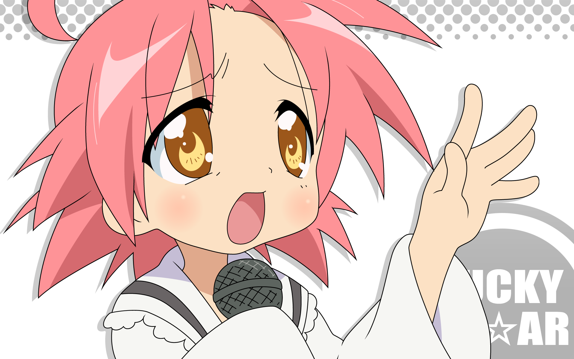 HD PC wallpaper of Akira Kogami from Lucky Star: pink-haired anime girl in a white outfit holding a microphone, expressive open mouth and raised hand over a dotted gray background.