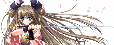 Anime-style original character holding a katana with long flowing hair and blue eyes, surrounded by falling cherry blossom petals, designed as an HD PC desktop wallpaper.