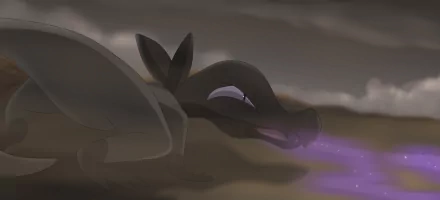 HD PC desktop wallpaper and background: Salandit from Pokémon: Sun and Moon exhales purple gas in a dim, misty scene — Pokémon video game artwork.