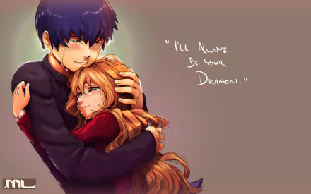 HD anime desktop wallpaper featuring Taiga Aisaka and Ryuuji Takasu from Toradora! in a tender embrace with the quote, I'll always be your dragon.