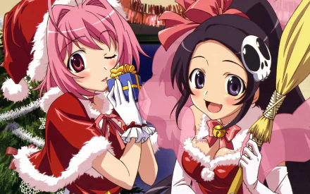 Anime-style HD desktop wallpaper from The World God Only Knows featuring two festive characters in Christmas outfits, one holding a gift and the other a broom.