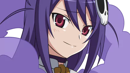 Close-up anime portrait from The World God Only Knows: purple-haired girl with skull hair ornament, red eyes and a confident smile — 2K Quad HD PC desktop wallpaper
