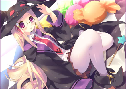 HD anime desktop wallpaper featuring a character from Ookami-san to Shichinin no Nakama-tachi in a witch costume with long blonde hair, glasses, and a magical staff.