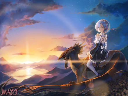 A breathtaking HD wallpaper featuring Rem from Re:ZERO - Starting Life in Another World, sitting atop a creature against a stunning sunset landscape with mountains and a rainbow.