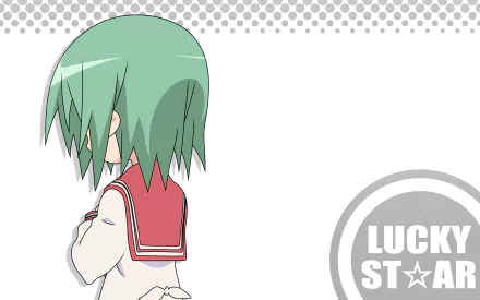 HD PC desktop wallpaper of Minami Iwasaki from the anime Lucky Star, side-profile with green hair and red sailor uniform on a white patterned background with the Lucky Star logo.