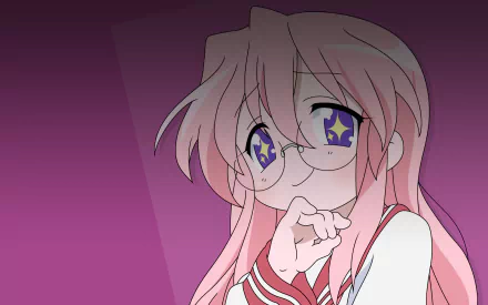 HD PC desktop wallpaper featuring Miyuki Takara from the anime Lucky Star with her signature pink hair, glasses, and starry eyes against a purple background.