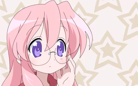 HD PC desktop wallpaper of Miyuki Takara (Lucky Star): pink-haired, bespectacled anime girl with large purple eyes against a beige star-patterned background.