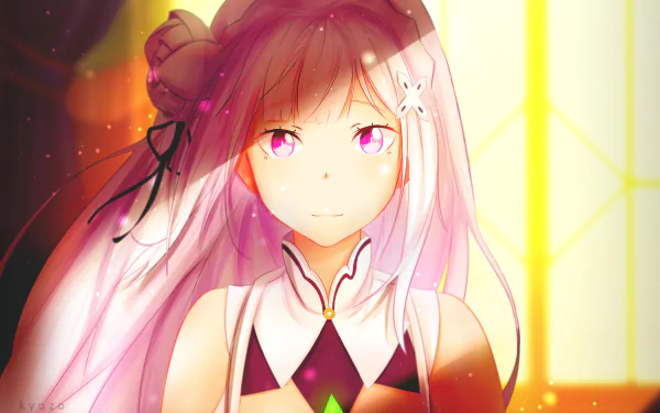 Emilia from Re:Zero – Starting Life in Another World, depicted in vibrant anime style as a 4K Ultra HD PC desktop wallpaper with warm lighting and soft pink hues.