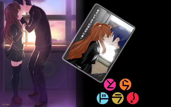 A romantic scene featuring Ryuuji Takasu and Taiga Aisaka from the anime Toradora! with a detailed HD wallpaper background and vibrant colors.