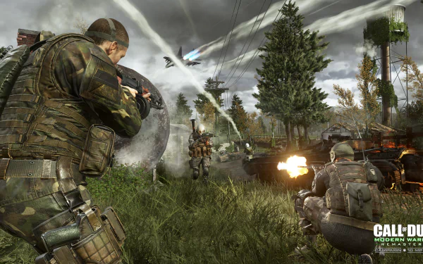 Video game Call Of Duty: Modern Warfare Remastered 2K Quad HD PC desktop wallpaper — soldiers trade fire in a grassy, tree-lined battlefield as aircraft and explosions streak the sky.
