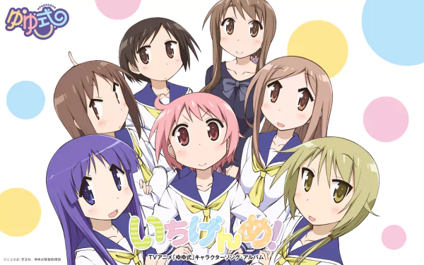 Anime Yuyushiki HD PC desktop wallpaper: six schoolgirls in sailor uniforms smiling together against a pastel polka-dot background.