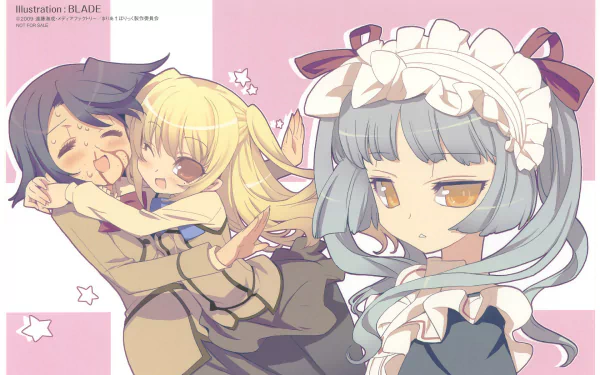 Anime HD PC desktop wallpaper — Maria Holic: a blonde girl playfully hugs a dark-haired classmate while a silver‑haired maid with a frilled headband watches against a pink background.