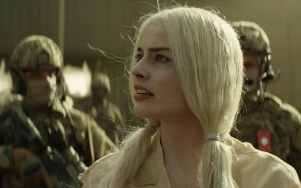 Margot Robbie as Harley Quinn in a scene from Suicide Squad, capturing her fierce expression against a backdrop of soldiers. An engaging HD desktop wallpaper.