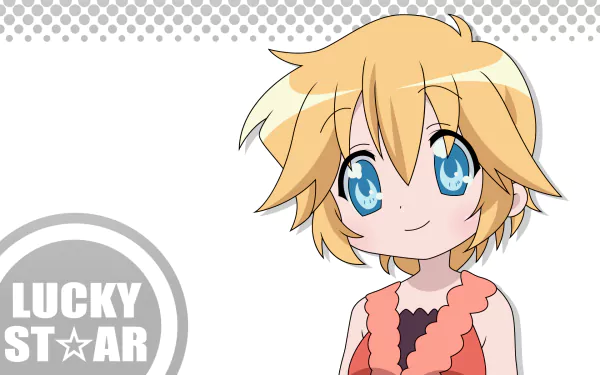 HD PC desktop wallpaper featuring Patricia Martin from the anime Lucky Star with bright blue eyes and blonde hair against a dotted gray background.