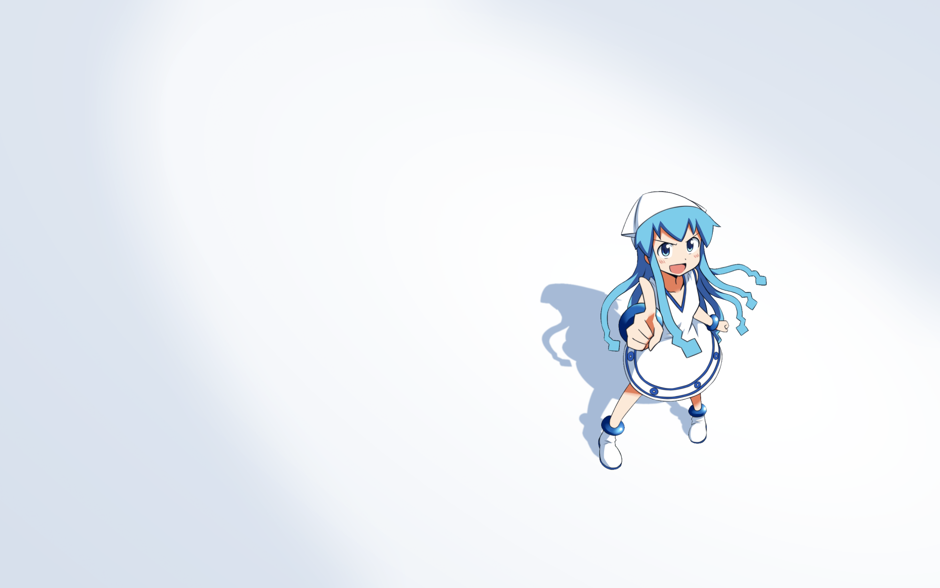 HD PC desktop wallpaper featuring Ika Musume, the blue-haired anime Squid Girl, standing with a cheerful expression against a clean, minimalistic white background.