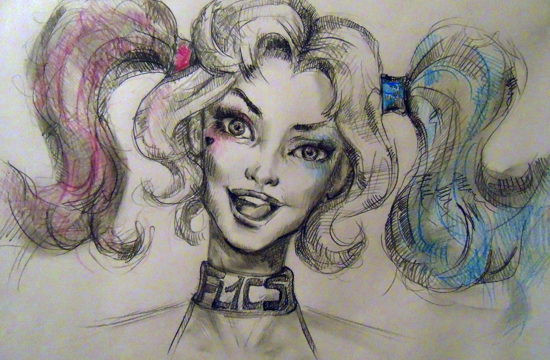 Comic-style portrait of Harley Quinn with pink and blue pigtails, detailed pencil sketch shading, designed as a 4K Ultra HD PC desktop wallpaper and background.