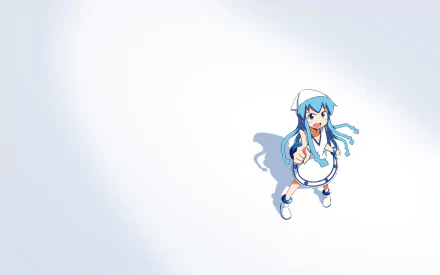 HD PC desktop wallpaper featuring Ika Musume, the blue-haired anime Squid Girl, standing with a cheerful expression against a clean, minimalistic white background.
