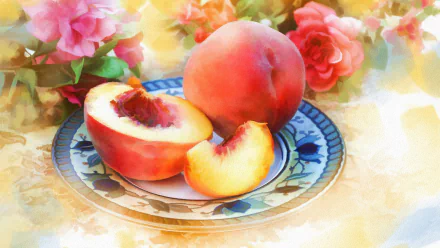 Artistic still life painting of peaches on a decorative plate surrounded by vibrant flowers, rendered in HD for a vivid PC desktop wallpaper and background.