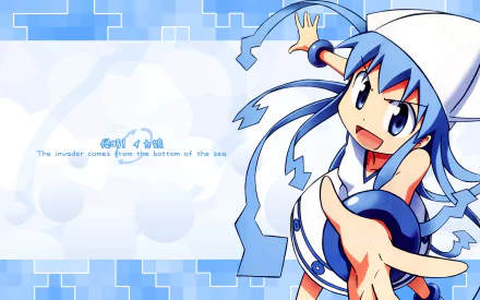 Ika Musume (Squid Girl) anime HD PC desktop wallpaper: cheerful blue-haired Squid Girl reaching out against a light-blue geometric and bubble background.
