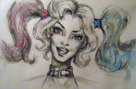 Comic-style portrait of Harley Quinn with pink and blue pigtails, detailed pencil sketch shading, designed as a 4K Ultra HD PC desktop wallpaper and background.