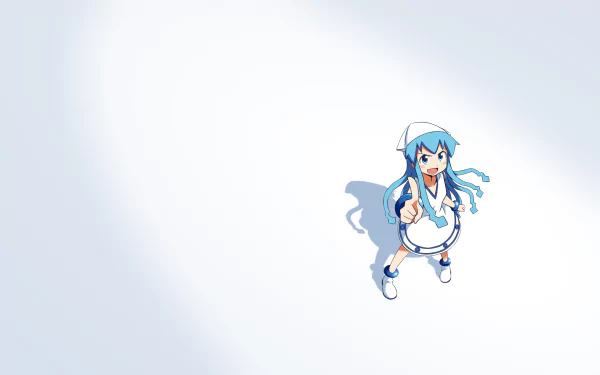 HD PC desktop wallpaper featuring Ika Musume, the blue-haired anime Squid Girl, standing with a cheerful expression against a clean, minimalistic white background.