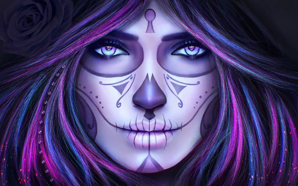 A striking artistic portrayal of a face adorned with a colorful sugar skull design for Day of the Dead, featuring vibrant purple tones and captivating blue eyes.