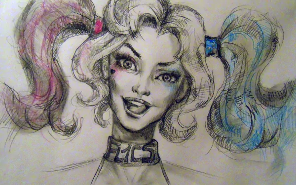 Comic-style portrait of Harley Quinn with pink and blue pigtails, detailed pencil sketch shading, designed as a 4K Ultra HD PC desktop wallpaper and background.