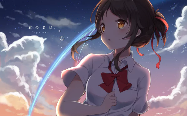 HD wallpaper featuring Mitsuha Miyamizu from the anime Your Name. The scene depicts her against a vibrant sunset with clouds and stars, capturing a moment of contemplation.