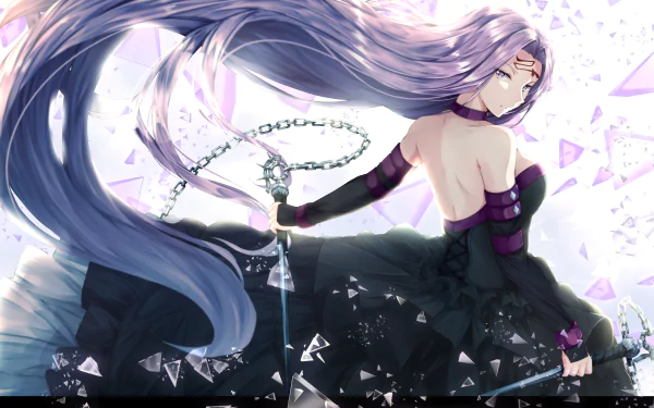 A striking HD wallpaper featuring Medusa from Fate/Grand Order and Rider from Fate/stay night, showcasing dynamic movement and intricate details amidst a backdrop of shattered crystals.