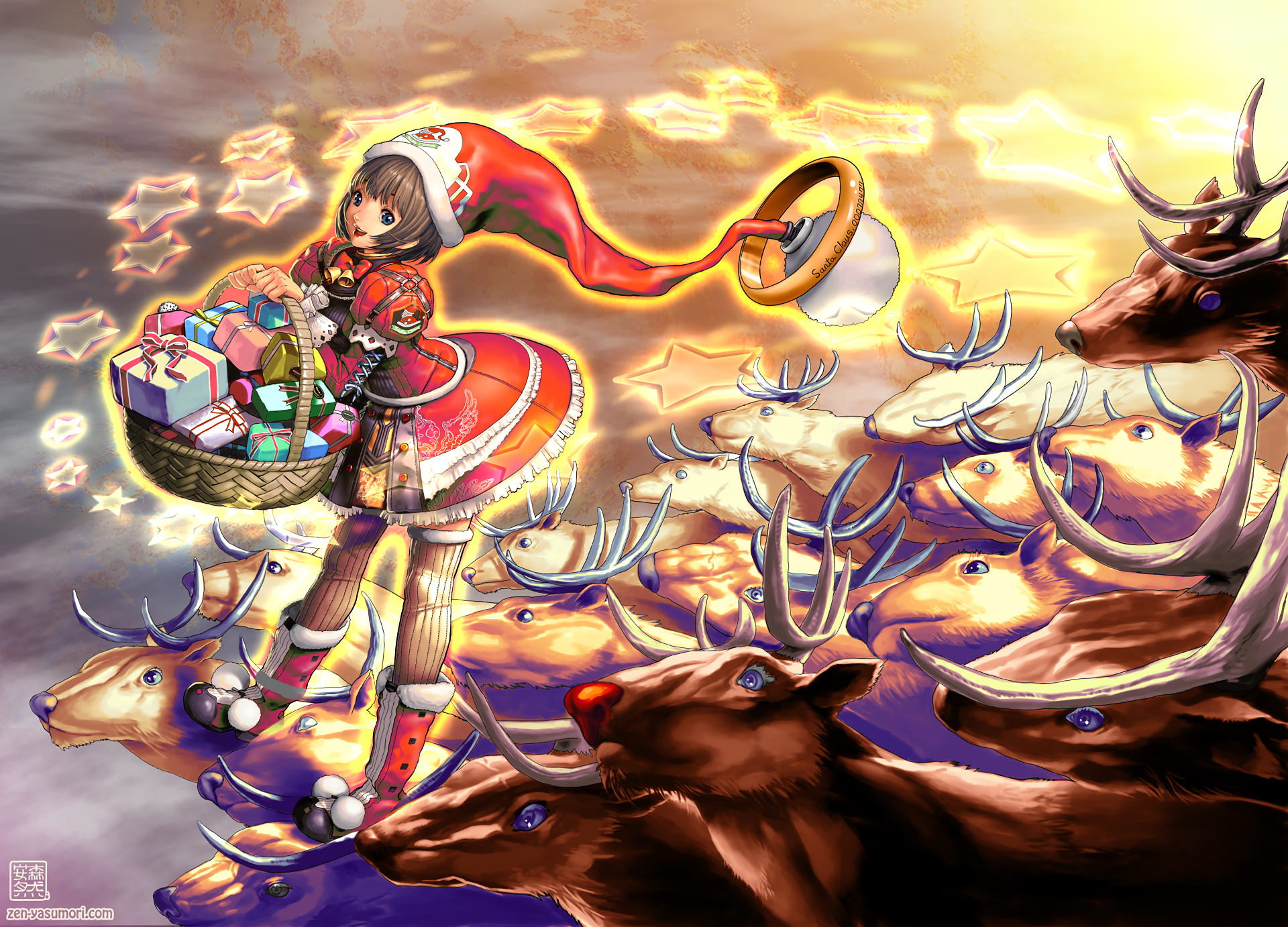 Anime Christmas-themed HD PC desktop wallpaper featuring a girl in festive attire holding a basket of gifts, surrounded by glowing reindeer under a golden sky.