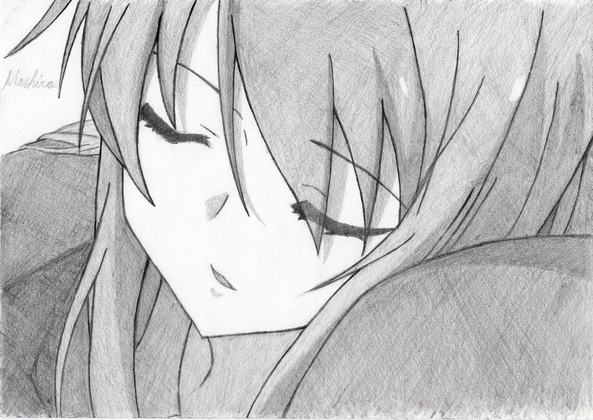 Black and white sketch of Mashiro Shiina from the anime Sakurasou no Pet na Kanojo, featured as an HD PC desktop wallpaper and background.