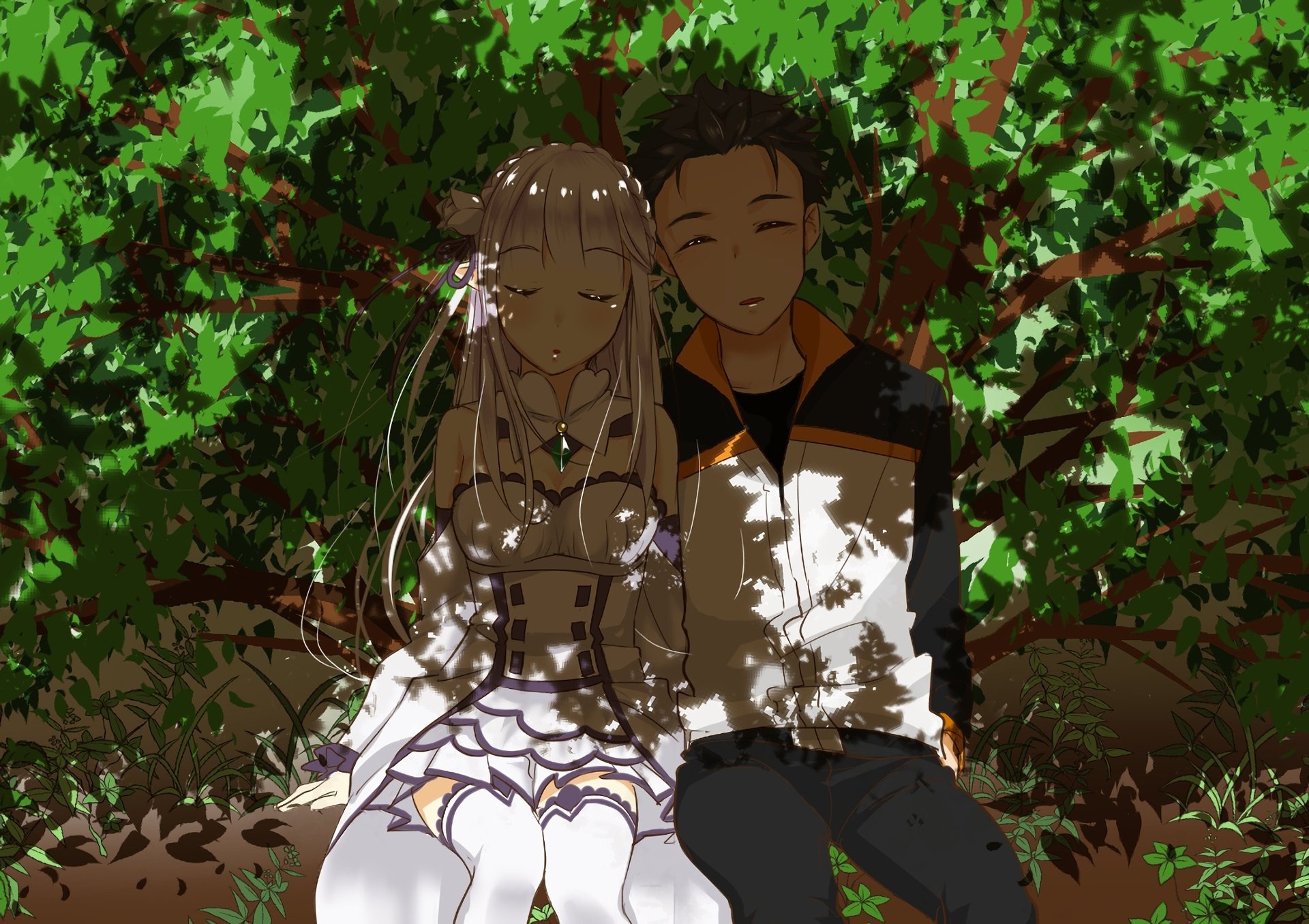 A serene HD wallpaper featuring Subaru Natsuki and Emilia from Re:ZERO - Starting Life in Another World, sitting peacefully under lush greenery.