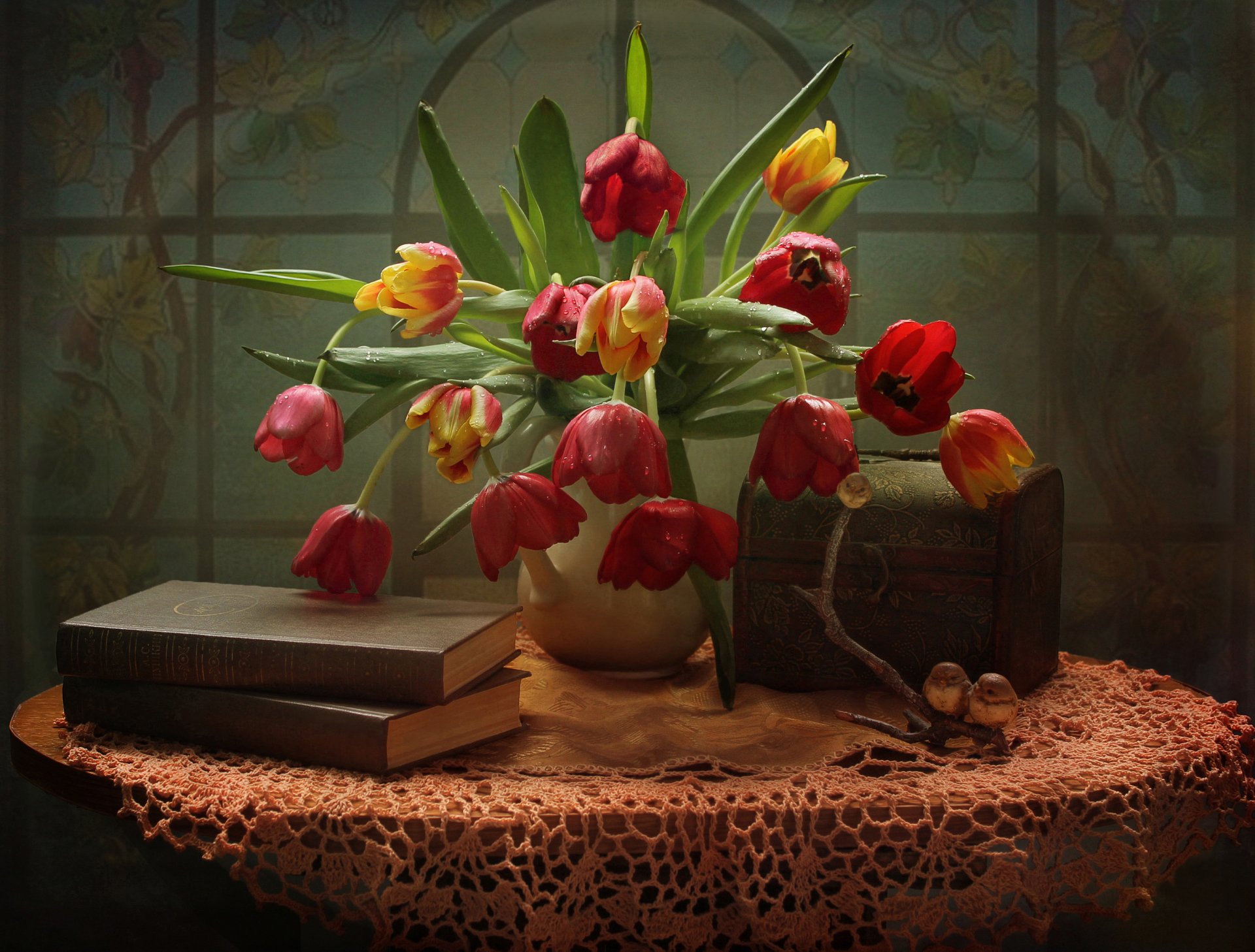 Download Red Flower Treasure Chest Vase Book Tulip Photography Still Life HD Wallpaper