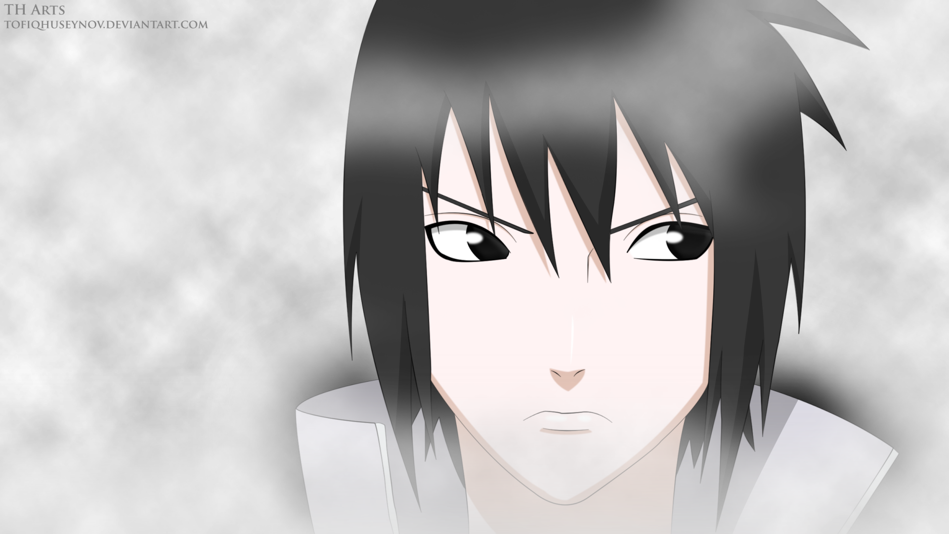 HD PC desktop wallpaper featuring Sasuke Uchiha from the anime Naruto with a focused expression against a misty gray background.