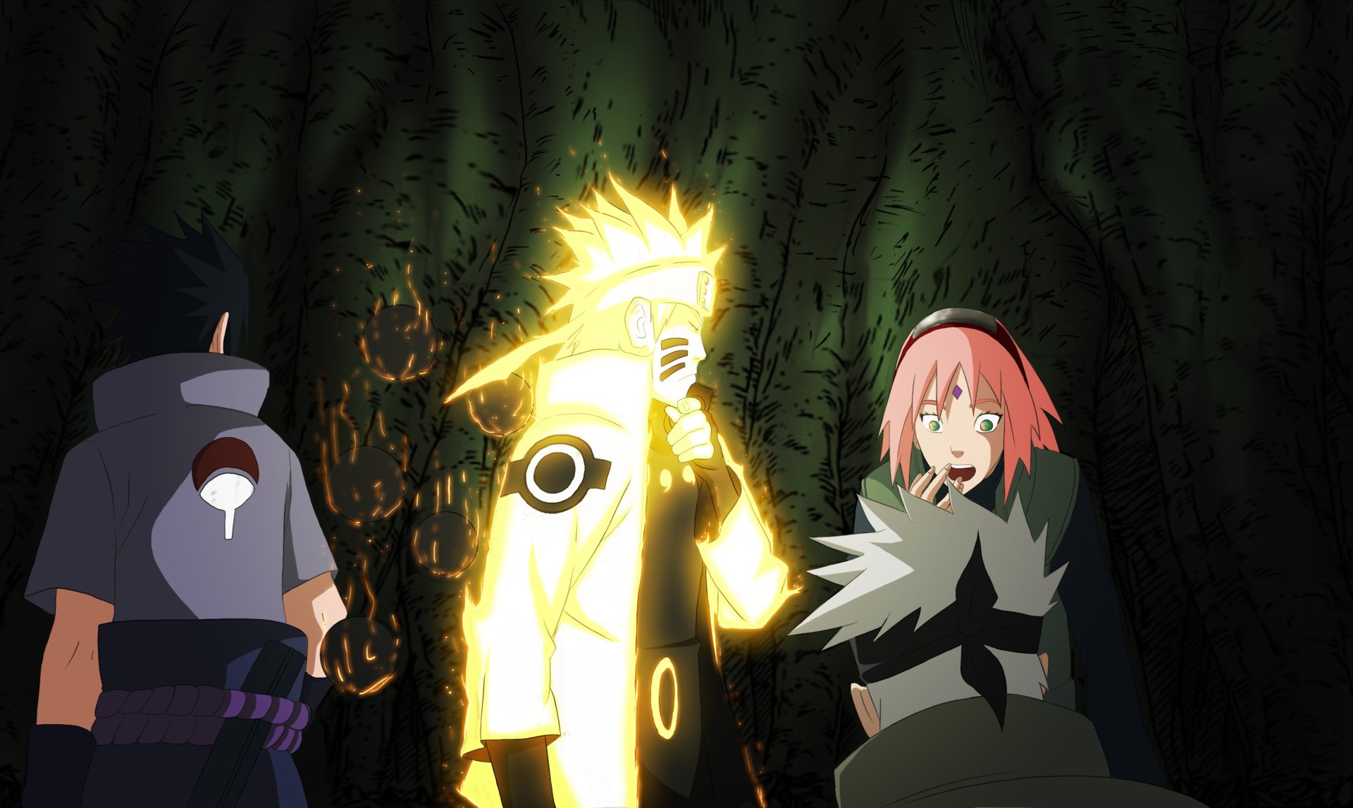A vibrant HD wallpaper featuring Kakashi Hatake, Sakura Haruno, Sasuke Uchiha, and Naruto Uzumaki from the anime Naruto, set against a dark forest backdrop.