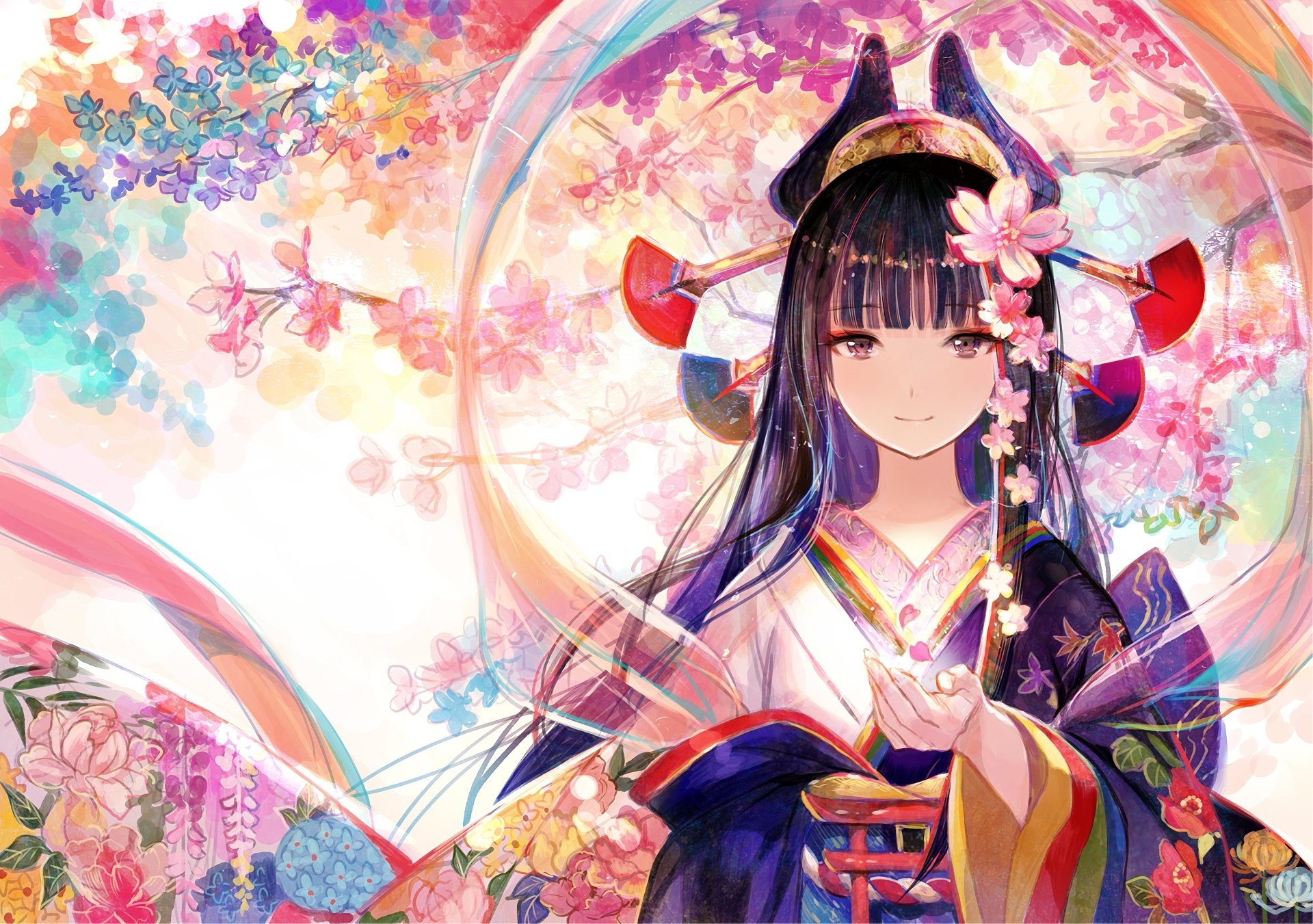 HD desktop wallpaper featuring an original anime character adorned in traditional attire, surrounded by vibrant flowers and intricate details. The background exudes a colorful and serene ambiance.