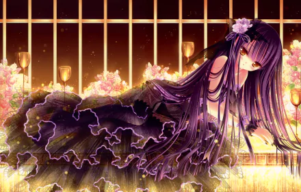 A stunning 4K Ultra HD anime wallpaper featuring an original character in an elegant black dress, set against a backdrop of glowing flowers and soft lighting.